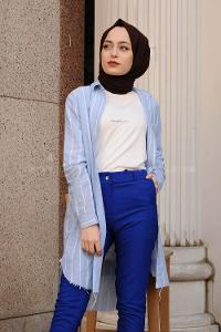 Modalamelif Dokulu Uzun Gömlek Mavi