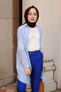 Modalamelif Dokulu Uzun Gömlek Mavi