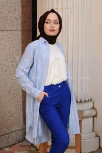 Modalamelif Dokulu Uzun Gömlek Mavi