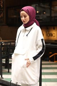 Modalamelif Kanguru Cepli Oversize Sweatshırt Beyaz