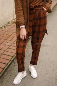 Modalamelif Kuşaklı Ekose Pantolon Kiremit