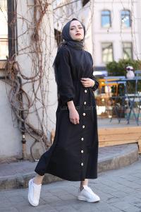 Modalamelif Bel Büzmeli Keten Elbise Siyah