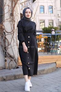 Modalamelif Bel Büzmeli Keten Elbise Siyah