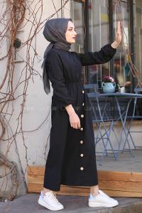 Modalamelif Bel Büzmeli Keten Elbise Siyah