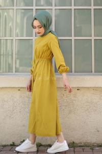 Modalamelif Bel Büzmeli Keten Elbise Lime