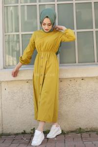 Modalamelif Bel Büzmeli Keten Elbise Lime