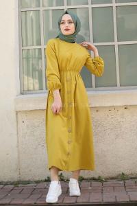 Modalamelif Bel Büzmeli Keten Elbise Lime