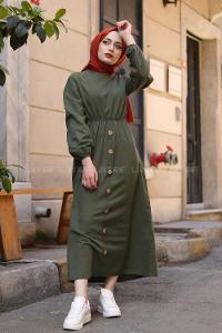 Modalamelif Bel Büzmeli Keten Elbise Haki