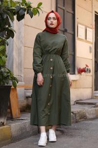 Modalamelif Bel Büzmeli Keten Elbise Haki