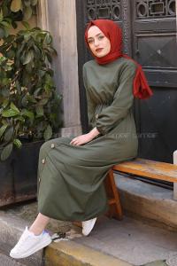 Modalamelif Bel Büzmeli Keten Elbise Haki