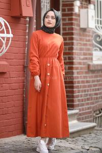 Modalamelif Bel Büzmeli Keten Elbise Kiremit