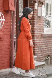 Modalamelif Bel Büzmeli Keten Elbise Kiremit