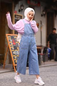 Lamelif Askılı Kot Tulum Açık Mavi