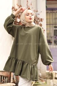 Modalamelif Balon Kol Fırfır Detaylı Tunik Haki
