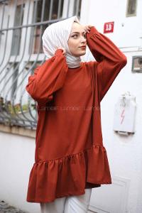 Modalamelif Balon Kol Fırfır Detaylı Tunik Kiremit
