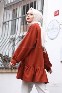 Modalamelif Balon Kol Fırfır Detaylı Tunik Kiremit