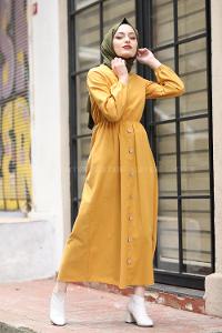 Modalamelif Bel Büzmeli Keten Elbise Sarı