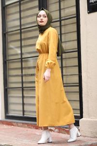 Modalamelif Bel Büzmeli Keten Elbise Sarı