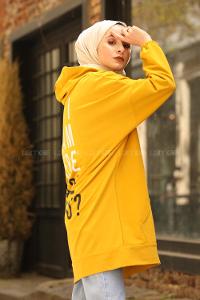 Modalamelif Salaş Kapşonlu Arka Yazılı Sweat Hardal Sarısı