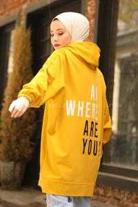 Modalamelif Salaş Kapşonlu Arka Yazılı Sweat Hardal Sarısı