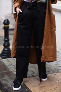 Modalamelif Kemer Detaylı Geniş Paça Pantolon Siyah