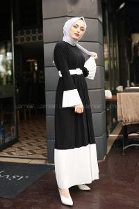 Modalamelif Siyah Çingene Model Beyaz Geçişli Kemerli Elbise