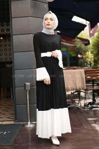 Modalamelif Siyah Çingene Model Beyaz Geçişli Kemerli Elbise