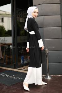 Modalamelif Siyah Çingene Model Beyaz Geçişli Kemerli Elbise