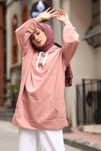 Modalamelif Salaş Kapşonlu Arka Yazılı Sweat Pudra