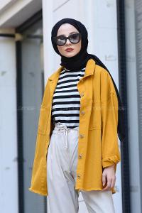 Modalamelif Arkası Zincirli Kot Ceket Hardal