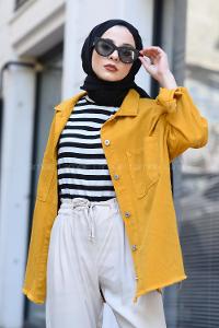 Modalamelif Arkası Zincirli Kot Ceket Hardal