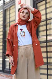 Modalamelif Bağcıklı Kuş Gözü Love Ceket Kiremit