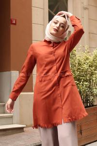 Modalamelif Püsküllü Cepli Uzun Gömlek Kiremit