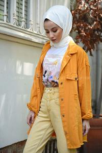 Modalamelif Yırtık Arkası Yazılı Model Kot Ceket Hardal