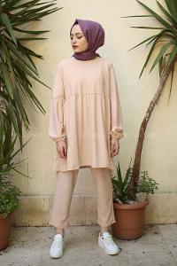 Modalamelif Balon Kol Fırfırlı Takım Krem