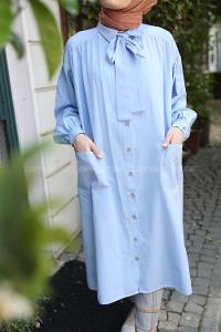 Modalamelif Fularlı Uzun Gömlek Mavi