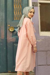 Modalamelif Fularlı Uzun Gömlek Pudra