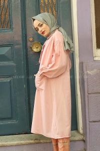 Modalamelif Fularlı Uzun Gömlek Pudra