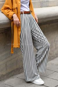 Modalamelif Çizgili Kemerli Pantolon Siyah