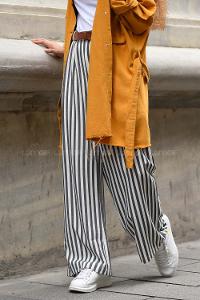 Modalamelif Çizgili Kemerli Pantolon Siyah