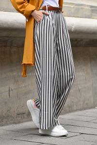 Modalamelif Çizgili Kemerli Pantolon Siyah