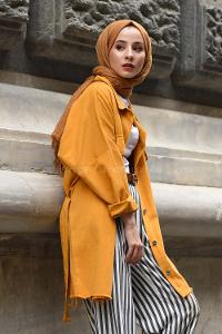 Modalamelif Koruk Cepli Kuşaklı Ceket Hardal Sarısı