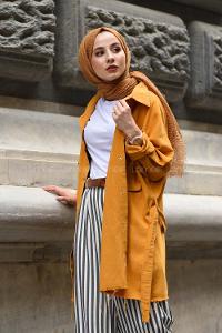 Modalamelif Koruk Cepli Kuşaklı Ceket Hardal Sarısı