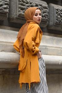 Modalamelif Koruk Cepli Kuşaklı Ceket Hardal Sarısı