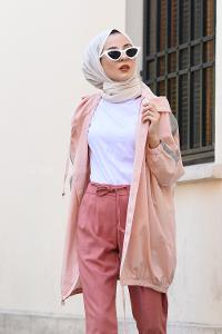 Modalamelif Kol Şeritli Kapşonlu Hırka Pudra