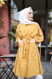 Modalamelif  Büyük Cepli Gömlek Elbise Sarı