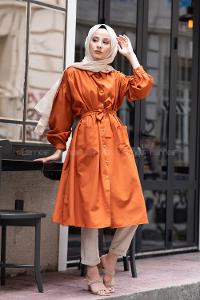 Modalamelif Fularlı Uzun Gömlek Kiremit