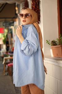 Modalamelif Buz Mavisi Oversıze Cepli Kot Gömlek