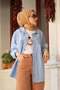 Modalamelif Buz Mavisi Oversıze Cepli Kot Gömlek
