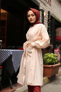 Modalamelif Fularlı Uzun Gömlek Krem